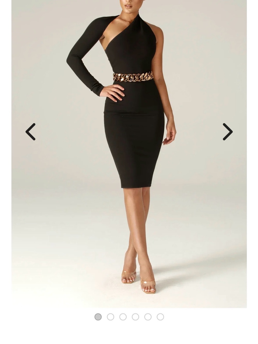 Asymmetric One-Shoulder Black Midi Dress with Chain Waist